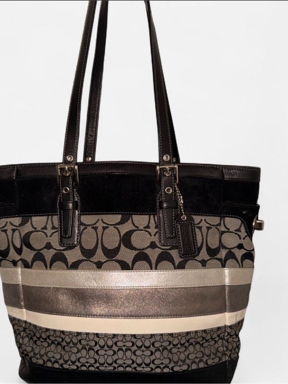 Coach Signature Stripe Tote in Black, Beige and Metallic